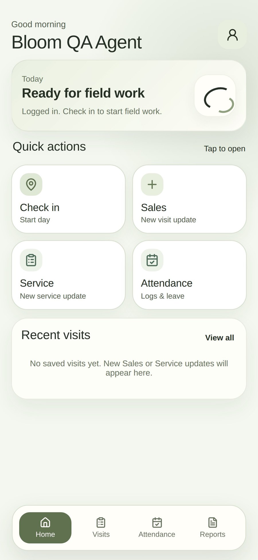 CrystalBio agent home screen with quick actions for check-in, sales, service, attendance, and recent visits