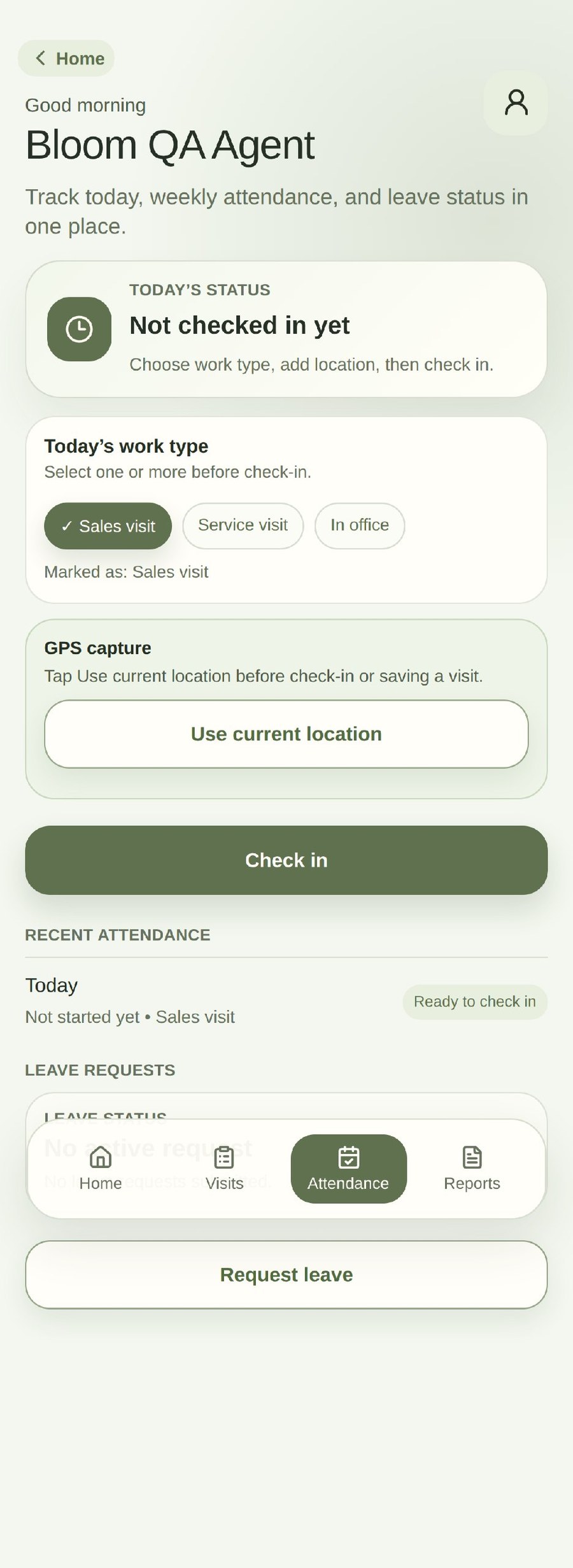 CrystalBio attendance screen showing work type selection, GPS capture, check-in action, attendance history, and leave request