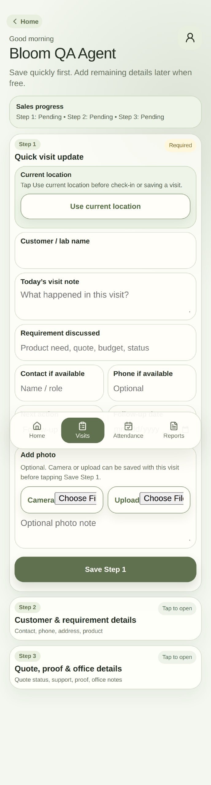 CrystalBio sales visit update screen with location, customer, visit note, requirement, contact, photo, and save step one